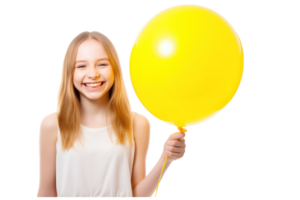 ai généré magnifique fille en portant Jaune ballon sur un isolé transparent Contexte png