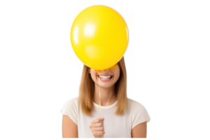 ai generado hermosa niña participación amarillo globo en un aislado transparente antecedentes png