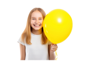 ai generado hermosa niña participación amarillo globo en un aislado transparente antecedentes png