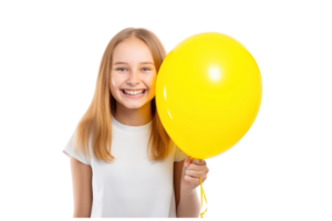 ai généré magnifique fille en portant Jaune ballon sur un isolé transparent Contexte png