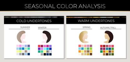 elegante estacional piel color análisis ilustración con color muestras y mujer página vector