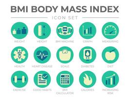 BMI Body Mass Index Round Color Icon Set. Weight, Height, BMI Machine, Graph, Measuring, Health, Heart Disease, Scale, Diabetes, Diet, Exercise, Habits, Calculator, Calories, Risk Icons. vector