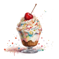 ai generado hielo crema helado con frutas y nueces con vistoso asperja, un brillante rojo cereza, y un remolino de azotado crema png