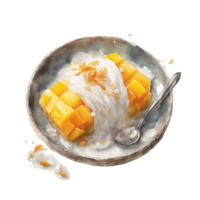 AI generated mango sticky rice dessert, with a generous drizzle of sweet coconut cream png