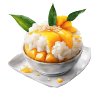 AI generated mango sticky rice dessert, with a generous drizzle of sweet coconut cream png