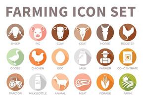 Colorful Farming or Farm Icon Set of Sheep, Pig, Cow, Goat, Horse, Rooster, Goose, Chicken, Egg, Milk, Farmer, Concentrate, Tractor, Bottle, Animal, Meat and Forage Flat Icons. vector