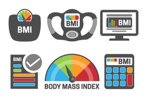 BMI Body Mass Index Calculation Gray Illustration Icon Set with BMI Machine,  Scale Measuring and Health, BMI Calculator Icons. vector