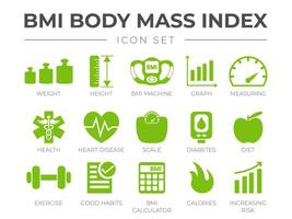 BMI Body Mass Index Icon Set. Weight, Height, BMI Machine, Graph, Measuring, Health, Heart Disease, Scale, Diabetes, Diet, Exercise, Habits, BMI Calculator, Calories, Risk Icons. vector