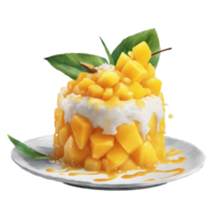 AI generated mango sticky rice dessert, with a generous drizzle of sweet coconut cream png