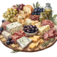 AI generated A charcuterie board overflowing with cheeses, meats, olives, and fruit, depicted in a detailed watercolor. White background. png