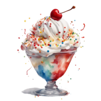 ai generado hielo crema helado con frutas y nueces con vistoso asperja, un brillante rojo cereza, y un remolino de azotado crema png