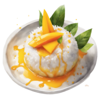 AI generated mango sticky rice dessert, with a generous drizzle of sweet coconut cream png