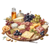 AI generated A charcuterie board overflowing with cheeses, meats, olives, and fruit, depicted in a detailed watercolor. White background. png