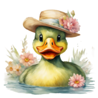 AI generated A colorful duck, possibly a mandarin, wears a flower on its head png