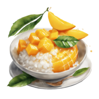 AI generated mango sticky rice dessert, with a generous drizzle of sweet coconut cream png