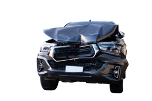 Car Crash, Front view of black pickup truck car get damaged by accident on the road. damaged cars after collision. isolated on transparent background, Car and casualty insurance, PNG File