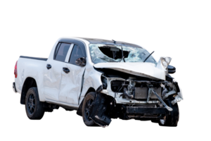 Car crash, Front and Side view of white pickup car get hard damaged by accident on the road. damaged cars after collision. isolated on transparent background, PNG File