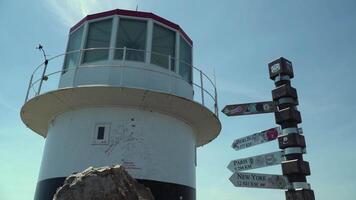 White lighthouse with red roof next to a signpost showing distances to Berlin, Paris, and New York, clear blue sky in the background. video