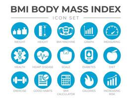 BMI Body Mass Index Round Icon Set of Weight, Height, BMI Machine, Graph, Measuring, Health, Heart Disease, Scale, Diabetes, Diet, Exercise, Habits, BMI Calculator, Calories, Risk Icons. vector