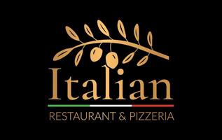 elegante italiano restaurante y pizzería logo con oro aceitunas vector