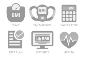 bmi cuerpo masa índice cálculo gris ilustración icono conjunto con bmi máquina, escala medición y salud, bmi calculadora iconos vector