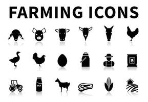 Black and white Farming Icon Set of Sheep, Pig, Cow, Goat, Horse, Rooster, Goose, Chicken, Egg, Milk, Farmer, Concentrate, Tractor, Bottle, Animal, Meat, Forage and Farm Icons with Reflection vector