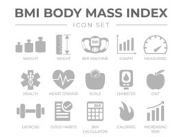 BMI Body Mass Index Icon Set. Weight, Height, BMI Machine, Graph, Measuring, Health, Heart Disease, Scale, Diabetes, Diet, Exercise, Habits, BMI Calculator, Calories, Risk Icons. vector