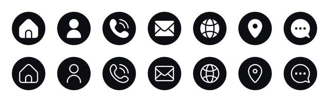 contactos icono conjunto - DIRECCIÓN, hogar, llamar, globo, correo electrónico, charla burbuja, mapa alfiler, usuario vector