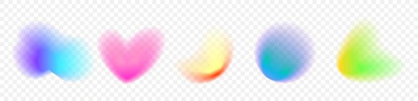 Set of vector illustration featuring an abstract radial gradient blur in shades of purple,green and  blue.Vibrant set of aura glow rounds with a soft  dot neon element.Color holographic round shapes.