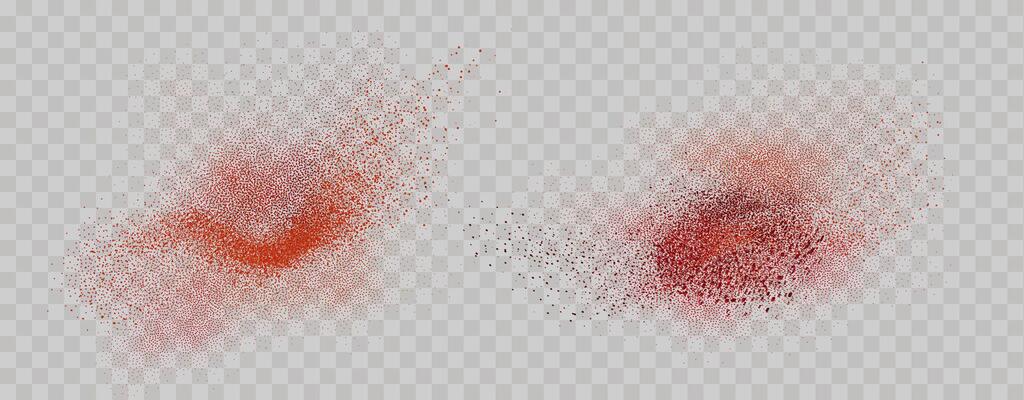Grainy scatterings of  spicy burst . Splashes of  red pepper powder.Overlay effect chilli or paprika spice splatters. Vector realistic illustration of hot dried spice.
