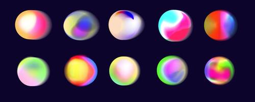 Set of vector illustration featuring an abstract radial gradient blur in shades of purple,green and  blue.Vibrant set of aura glow rounds with a soft  dot neon element.Color holographic round shapes.