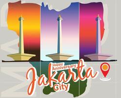 vector national monument monas Jakarta city indonesia happy anniversary day 3 image different colour background time and jakarta location map point background