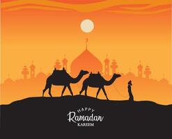 Vector in a desert on a light day orange sky and sun with camels and driver and mosques silhouette with happy ramadan kareem