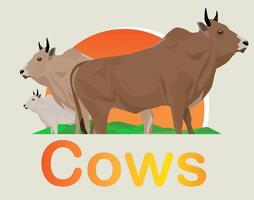 vector brown cream grey cows in hills mountain river back sun light cream background