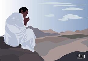 vector of a man wearing of ihrom praying with focus khusyuk on hajj pray Waqoof stay in Arafat light blue sky