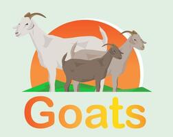 vector brown cream grey goats in hills mountain river back sun light young green background