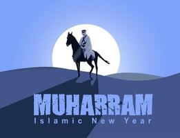 vector de un árabe montando un caballo terminado el Desierto en el puesta de sol azul oscuro cielo hora celebrando el islámico nuevo año de muharram mes nombre