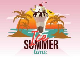 vector ice cream gelato view coconut trees island sand sea sunset birds cloudy summer time beach view silhouette bowl ice cream glass cherry chocolate delicious pink gradient background