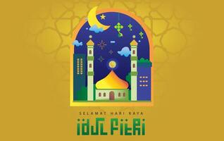 vector celebrate font and decorate arabic idul fitri with window light mosque and buildings crescent moon stars clouds fireworks in the night day flat style design