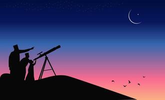 vector silueta hombre y niños musulmán Mira primero comienzo día Ramadán Luna hilal con telescopio mientras en el noche a islámico calendario