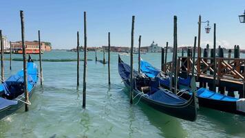 a gôndolas estão ancorado dentro a Veneza canal. estacionado gôndolas dentro Veneza, uma popular turista destino dentro Itália video