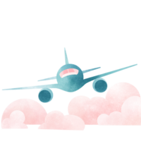 Airlines flying on the clouds, watercolor painting. png