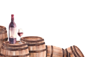 un grupo de de madera antiguo barriles con botellas y lentes de rojo vino. acuarela mano dibujar comida ilustración antecedentes vino haciendo modelo para bandera, tarjeta, bebida menú, vino lista impresión png