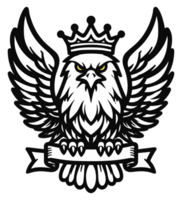 AI generated minimalist illustration of an eagle with crown on its head all in black and white png
