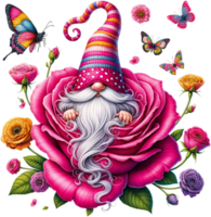 ai generado encantado jardín gnomo en a rayas sombrero anidado en un rosado Rosa png