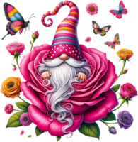 AI generated Enchanted Garden Gnome in Striped Hat Nestled in a Pink Rose png