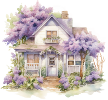 AI generated Quaint House Nestled Amongst Fragrant Lilac Shrubs png