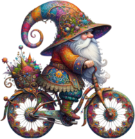 ai generato colorato gnomo su decorativo bicicletta con paisley modelli png