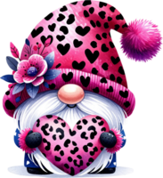 AI generated Pink Leopard Print Hat Gnome with Valentine Heart and Flowers png