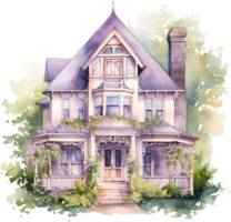 AI generated Vintage Home with Towering Lilacs and Soft Watercolor Tones png